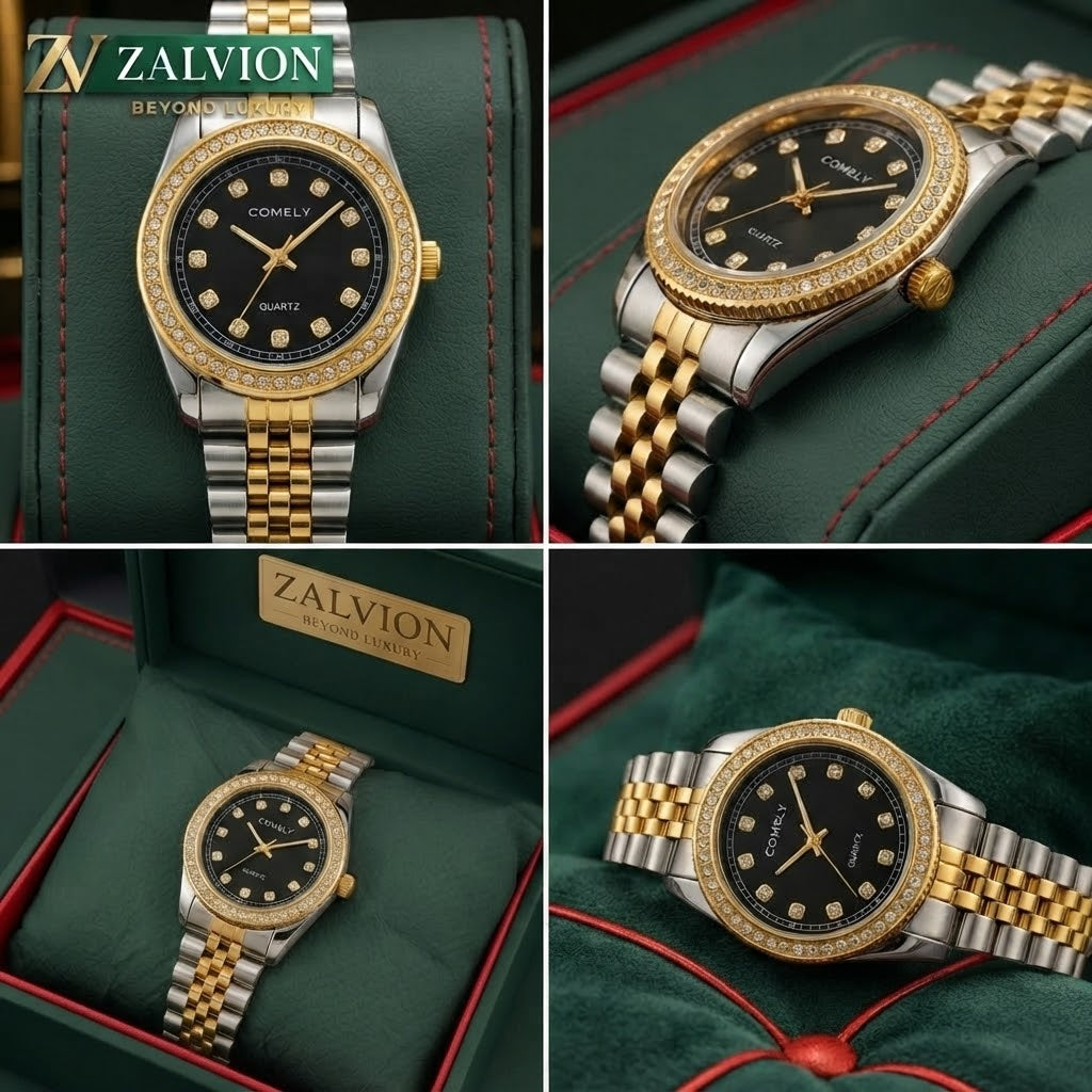 Zalvion Classic Two-Tone Gold & Silver Quartz Wrist Watch with Rhinestone Bezel