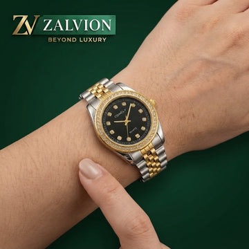 Zalvion Classic Two-Tone Gold & Silver Quartz Wrist Watch with Rhinestone Bezel