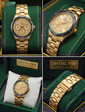 Zalvion Luxury Gold Stainless Steel Chronograph Watch | Cut-Glass Bezel Dial Quartz Wristwatch