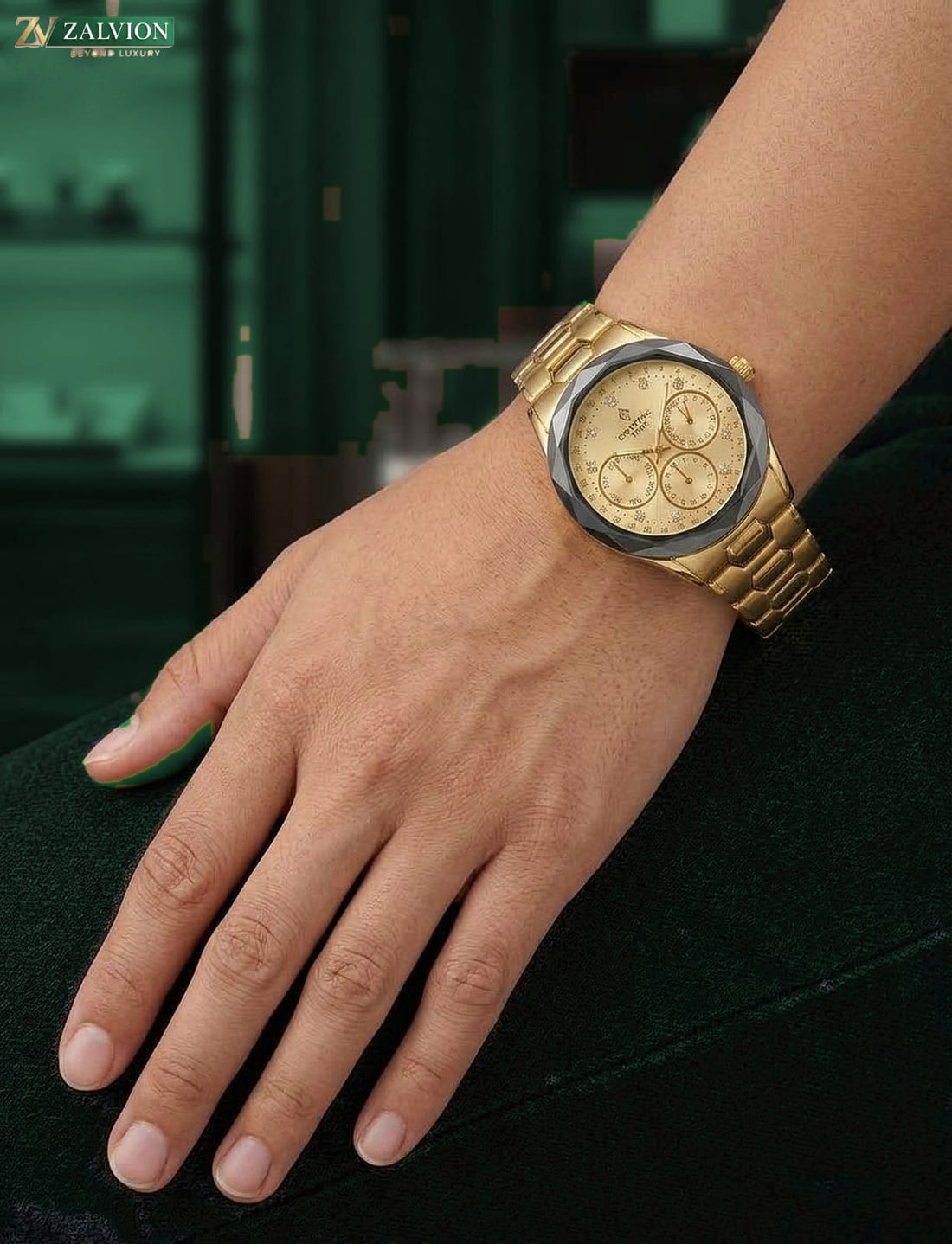 Zalvion Luxury Gold Stainless Steel Chronograph Watch | Cut-Glass Bezel Dial Quartz Wristwatch