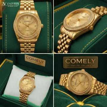 Comely Gold Quartz Watch with Diamond Bezel & Dial