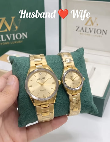 Zalvion Positif Luxury Gold Couple Watch Set for Men & Women